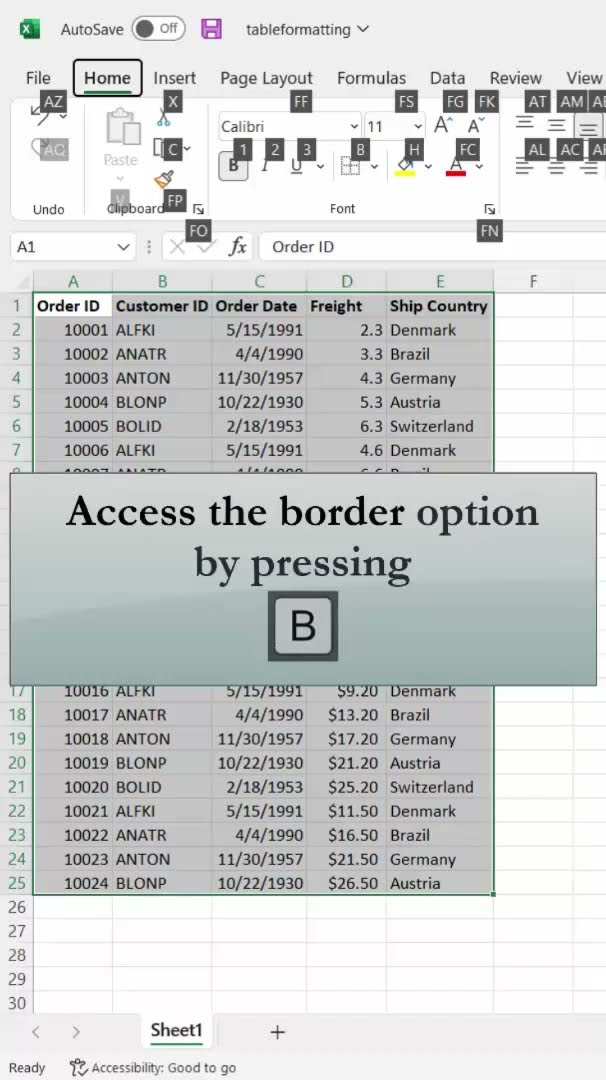 Как применить границы в Excel с помощью сочетания клавиш