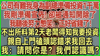 公司有難我身為副總準備投資1千萬！不料我剛準備宣佈！卻被通知開除了！我聽後努力憋笑：正好省錢了！不出所料第2天老闆得知我要投資！親自上門磕頭認錯求我回去！我：請問你是？我們認識嗎？#完結爽文#情感故事