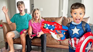 Nerf Battle:  Hero Kid Captain America VS Big Kids - Pretend Play