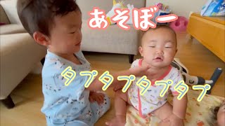 【妹のあごをたぷたぷする2歳5ヶ月の双子】まんざらでもない生後9ヶ月の妹【四人育児】