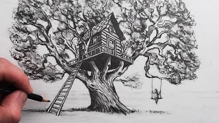 How to Draw A Realistic Tree House in 2-Point Perspective