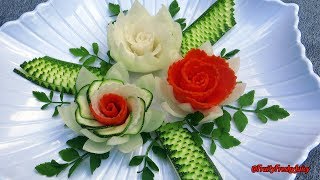 Elegant Garnish of Carrot, Radish & Zucchini Rose Flowers with Onion & Cilantro Designs *DIY