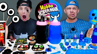 Blue Food vs Pink-Black Food Challenge 블루핑크 푸드 챌린지  주먹밥 교촌 허니콤보 치킨먹방! Mukbang Black Spiderman & Hulk