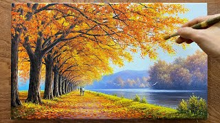 How to draw rows of yellow-leaved trees on the shore of a lake / Acrylic painting / A Lu Art.