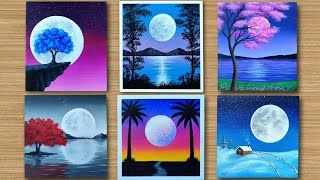 Moon | 6 Easy Moonlight scenery painting for Beginners | Acrylic Painting