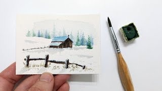 Watercolor winter barn painting tutorial for beginners » How to paint an easy winter landscape