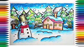 DRAWING CHRISTMAS SCENERY | SNOWMAN DRAWING | STEP BY STEP