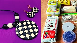 Air Dry Clay Terracotta Jewellery Making Kit for Beginners | Black and White Checks Pendent Set