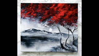 Painting Black and White Abstract Landscape Painting with a Vibrant Red Tree