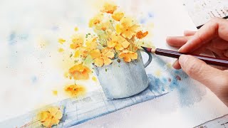 Watercolor Painting - A Cup Of Yellow Flowers