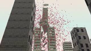 Kapla building falls into the city, with particle system explosion. MADE WITH BLENDER