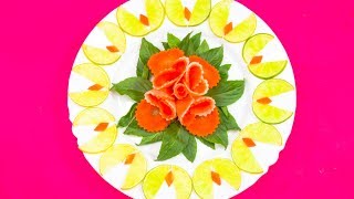 Very Satisfying Video | Brilliant Garnish of Radish & Carrot Rose Surrounded by Lime & Basil Leaves
