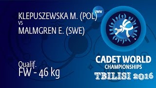 Qual. FW - 46 kg: E. MALMGREN (SWE) df. M. KLEPUSZEWSKA (POL) by FALL, 4-0