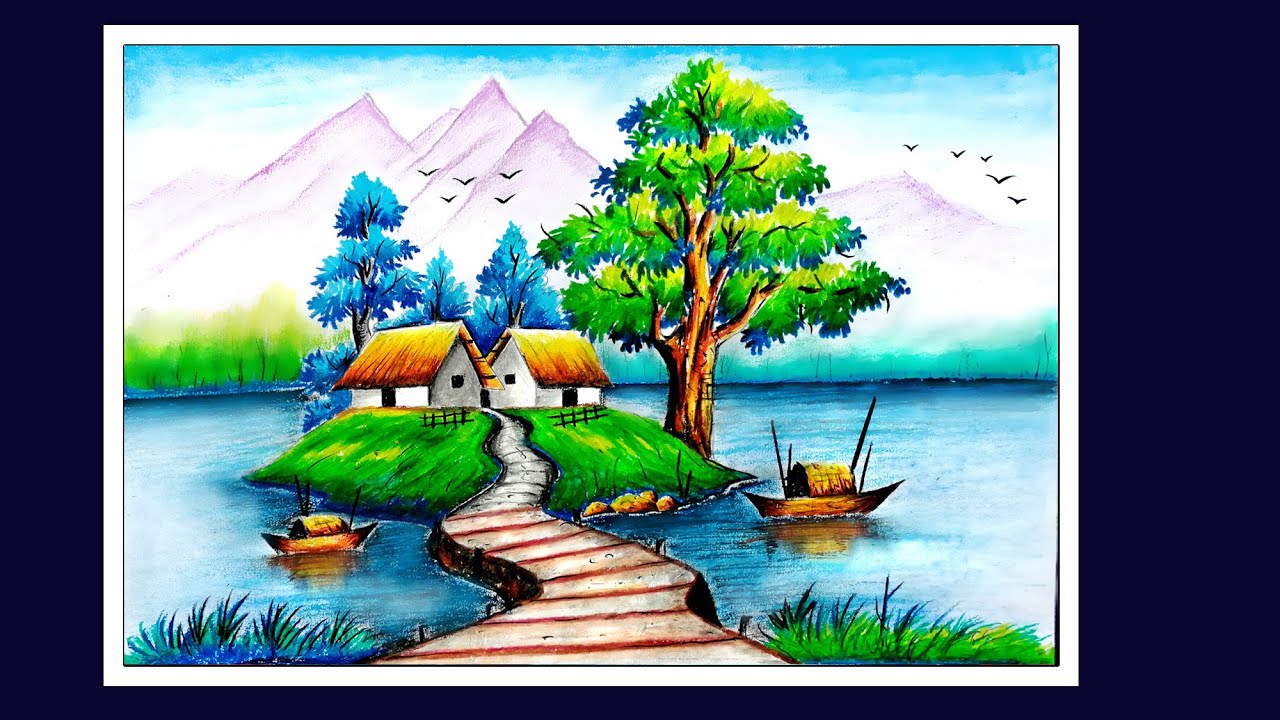 Beautiful Scenery Drawing With Oil Pastel-Part 2-Step By Step Scenery ...