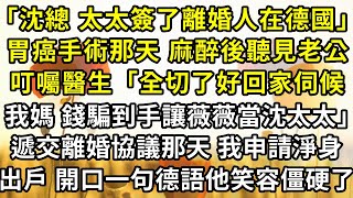 「沈總 太太簽了離婚人在德國」胃癌手術那天，打麻藥後聽見老公叮囑女醫生「全切了好回家伺候我媽，錢騙到手後你就是沈太太」遞交離婚協議那天，我申請淨身出戶，送上一句德語他笑容僵硬了。