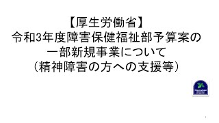 【厚生労働省】令和3年度障害保健福祉部予算案の一部新規事業について（精神障害の方への支援等）