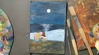 |Beautiful Moonlight over the Ocean Painting| with Acrylic Paints|