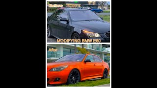 Modifying BMW e60 | Muffler delete | Candy fiery orange vinyl wrap | gloss black alloy wheels