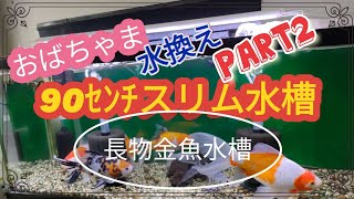 [長物金魚水槽]　90ｾﾝﾁｽﾘﾑ水槽水換え…急に寒くなりヒーター入れました!