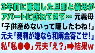 【スカッとする話】3年前に離婚した旦那と義母がアパートに訪ねてきて...元義母「子供産めないって騙したわね！」元夫「裁判が嫌なら和解金寄こせ！」私「○○なんですが私」元夫「え？」→結果【修羅場】