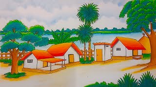how to draw easy scenery with oil pastels | village landscape scenery | house drawing easy color