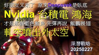 好朋友又來了  原來Deepseek是臥底  Nvidia 台積電 鴻海  才是那條藍色鯨魚 先彈再說  鯤鵬展翅軋空噴出外太空  深潛戰略20250227