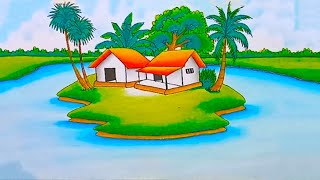 How to Draw Easy Beautiful Landscape Village Scenery| Riverside village scenery Drawing Step By Step