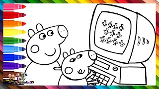 Draw and Color Peppa Pig and George Pig Playing on the Computer 🐷🖥️⌨️🐥🌈 Drawings for Kids