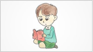 How to draw a boy sitting and reading a book step by step