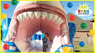 Giant Inflatable Water Slide Shark Ball Pits with Balloons Pop Challenge Surprise Toys Learn Colors