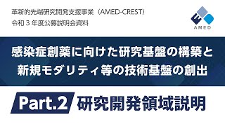 【AMED-CREST】革新的先端研究開発支援事業（AMED-CREST）令和3年度公募説明会「感染症創薬に向けた研究基盤の構築と新規モダリティ等の技術基盤の創出」Part2 研究開発領域説明