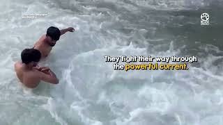 Strangers crosses rushing river to save stranded monkey