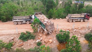 New Corner  Filling Up The Mountain Stones By Machine Bulldozers And Dump Trucks Team Processing