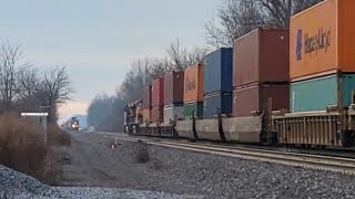 CSX Intermodal I165 with CP \u0026 KCSM Gevo's meets Intermodal I008 in Madison Ohio in Feb 2024