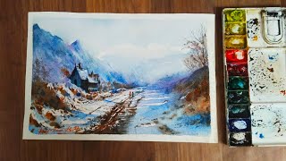 Lost in the tranquility of a winter wonderland: watercolor painting