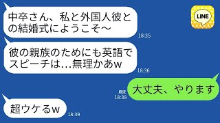 義妹は私を中卒と見下しているが、外国人の男性と結婚した。結婚式の日、義妹は私に「中卒さん、英語でスピーチしてくださいね」と言ったのだが、実は私は帰国子女で流暢な英語を話すことができた。