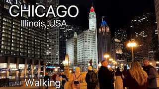 Walking in Downtown Chicago at night , Wacker Drive and Michigan Ave , 4K / @travelusa78