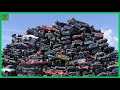 The Fate of End-of-Life Vehicle. Car Recycling Process. Car Crush Machine and Steel Shear