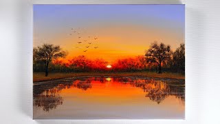 Sunset Painting | Sunset Reflection Painting | Sunset on the Lake Acrylic Painting
