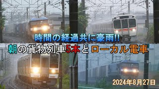 JR貨物 \u0026 JR東海 再び抑止食らいそうな豪雨!! 朝の貨物列車5本とローカル電車 2024/08/27