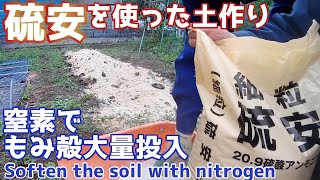 硫安投入／窒素分を補ってもみ殻大量で玉ねぎ植え付けに向けたフカフカな土作りSoften the soil by adding a large amount of nitrogen rice husks