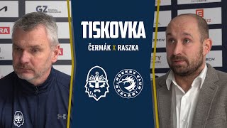 Trenéři po zápase: Rytíři Kladno - HC Oceláři Třinec: David Čermák a Jiří Raszka