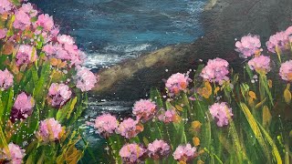 Simple Seascape Painting With Flowers For Beginners