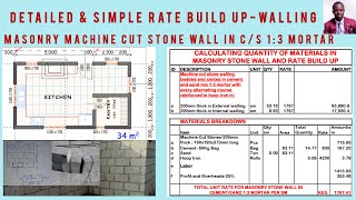 MASONRY MACHINE CUT STONE WALL IN C/S 1:3 MORTAR | Quantity of Construction Material | Rate Build Up