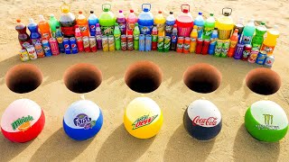 Big Balloons of Fanta & Coca-Cola, Mtn Dew, Monster, Mirinda vs Mentos Different Holes Underground