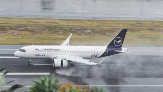 POWERFUL REVERSE Wet Runway Lufthansa A320-271 at Madeira Airport