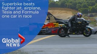 Superbike wins race against fighter jet, aircraft, Tesla and Formula one car