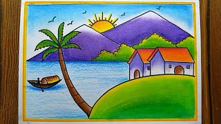 How to draw Village Scenery drawing| Pond,tree, House,Sun rise scenery drawing