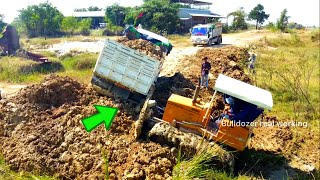 Incredible Landfill! Dump Truck 5ton Back Uploading overturned Help rescue by Bulldozer D31A Komats…