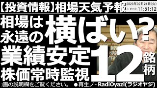 【わかりやすい投資情報(相場天気予報)】昨夜の米市場が休場だったこともあり、日経平均は、あいかわらずの横ばいだ。ただ、相場は停滞を嫌う。そろそろ大きな動きがあるかも。今日は業績安定12銘柄を紹介する。